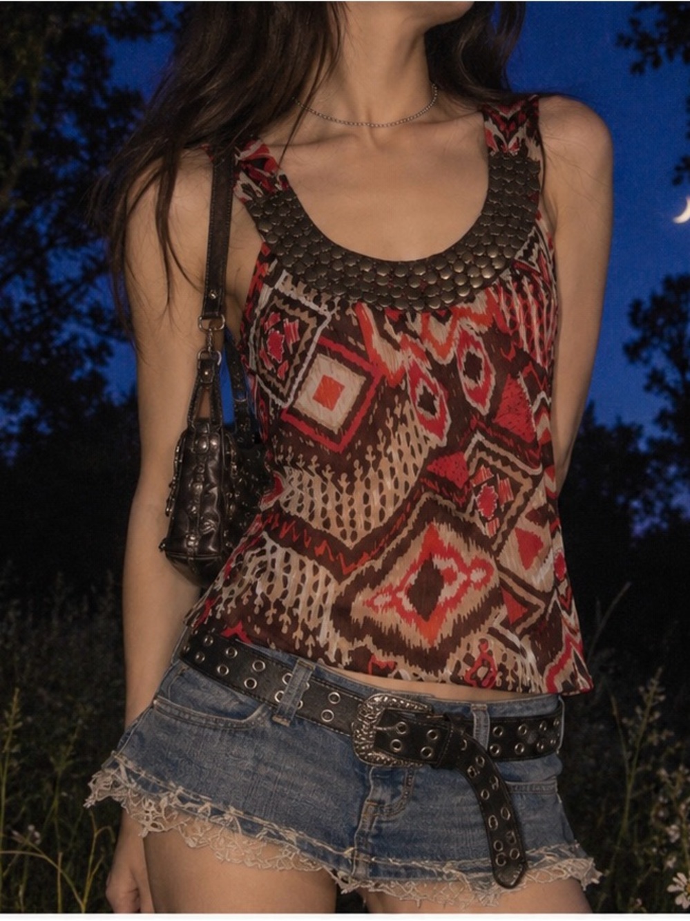 Suzy Shier Red and Brown Aztec-Print Sleeveless Tank